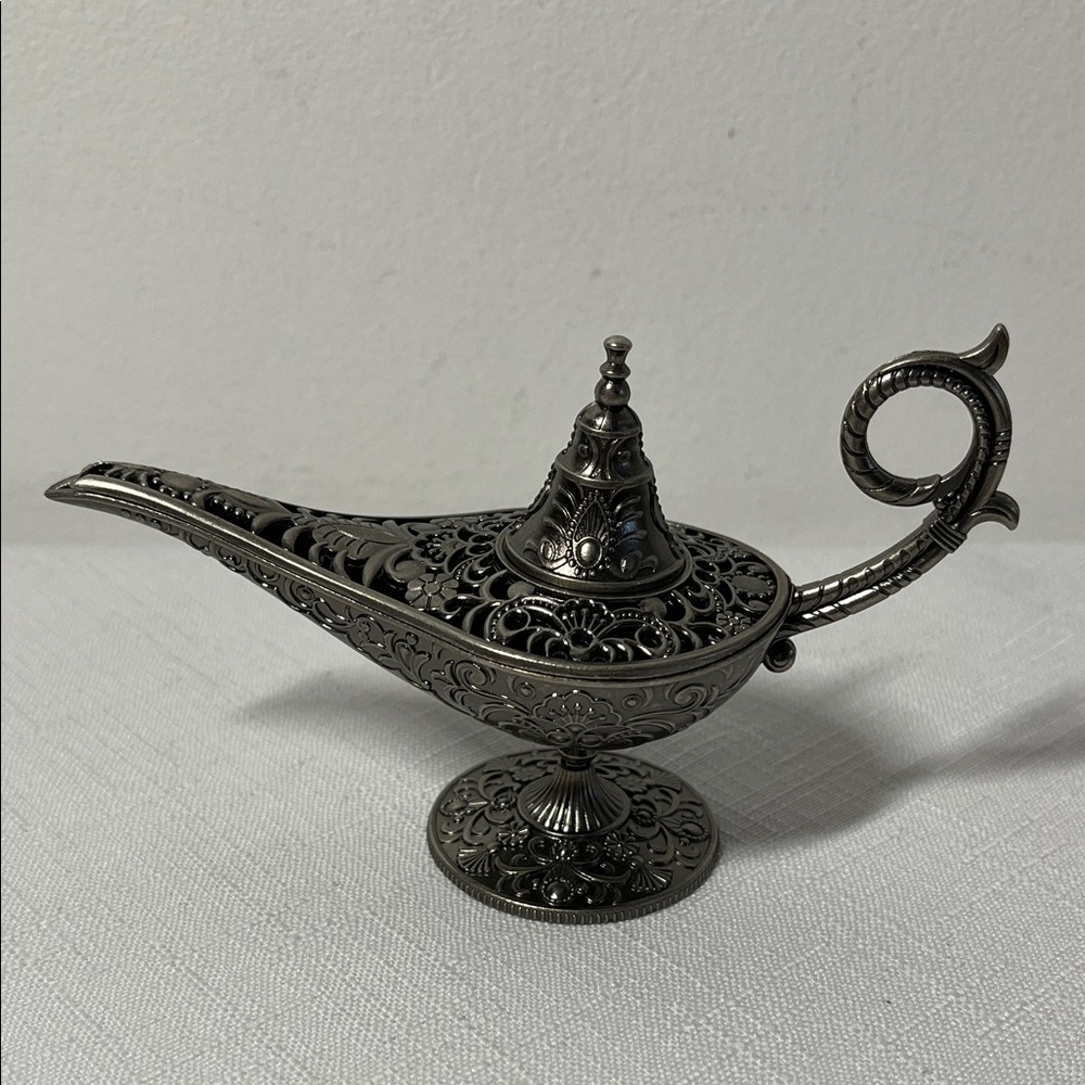 Ornate Silver Decorative Genie Lamp. Intricate. Unique Decor Shelf